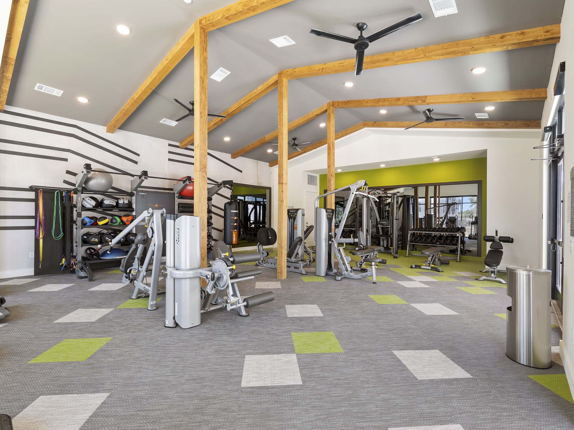 Evergrove community fitness center with cardio machines and weight equipment.