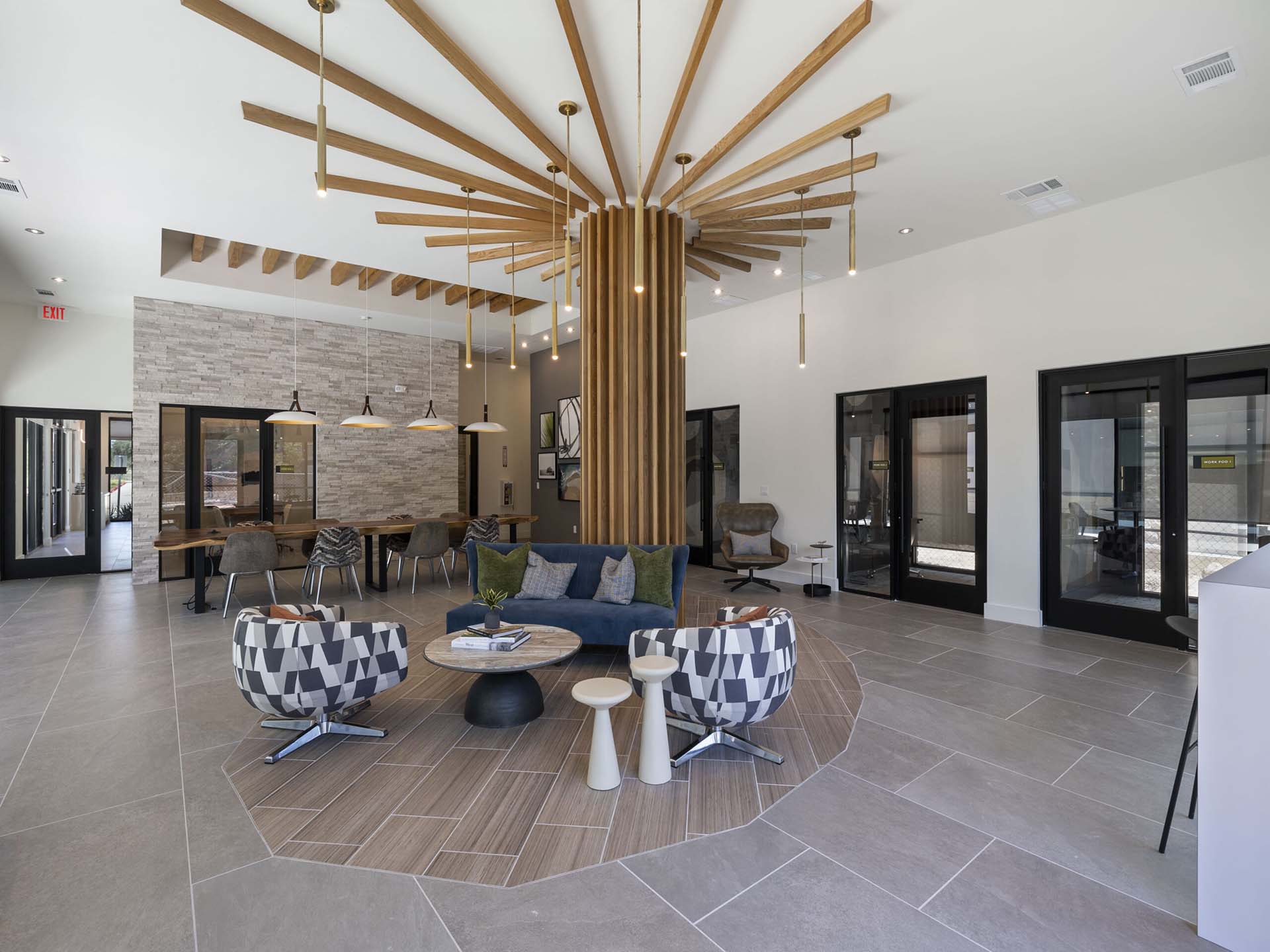 Co-working lounge at The Evergrove luxury apartments in Leander, TX